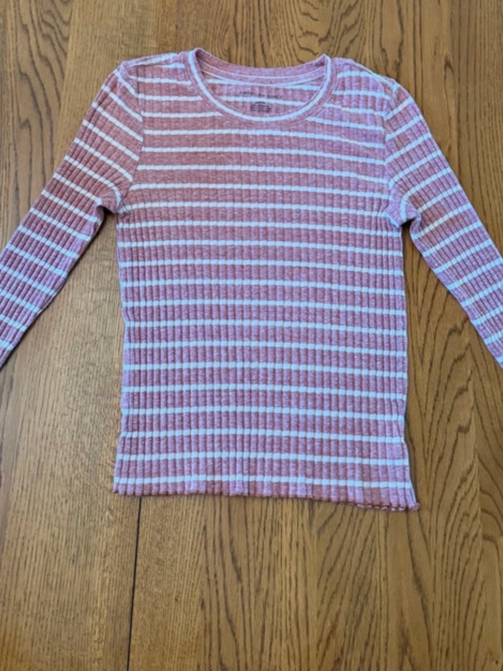 American Eagle Outfitters Pink and White Ribbed Stripe Crew Sweater